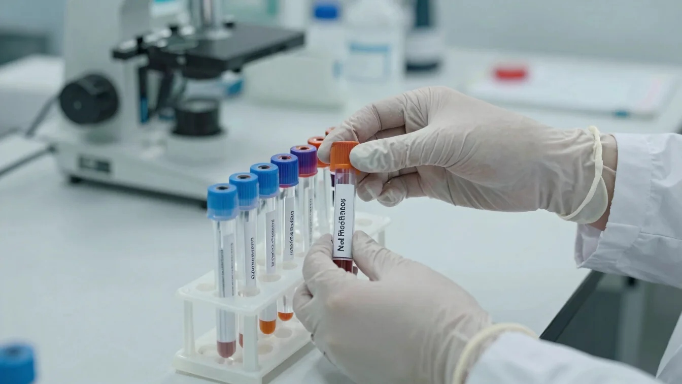 Precise close-up of gloved hands placing a labelled specimen tube into a rack on a clean laboratory bench, soft daylight