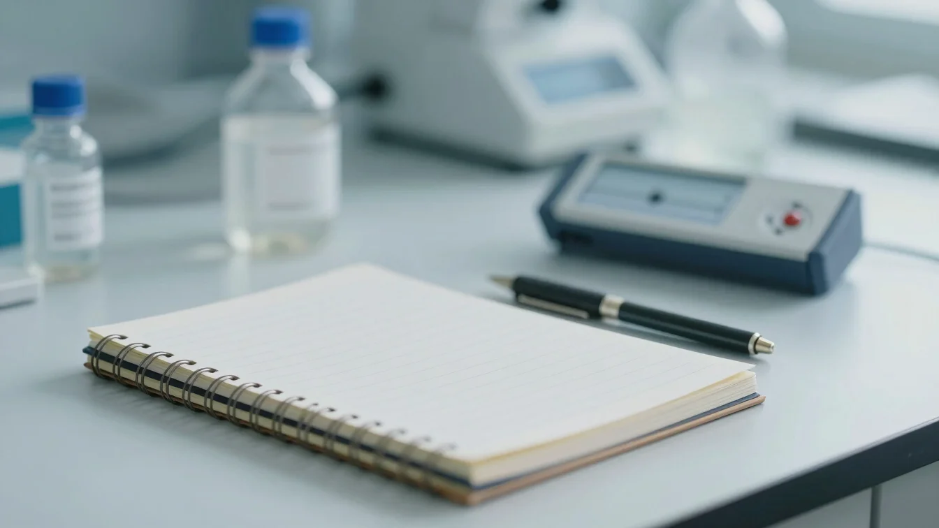 Close-up of a laboratory notebook and a calibrated instrument on a clean bench, soft clean daylight, muted blue tones, c