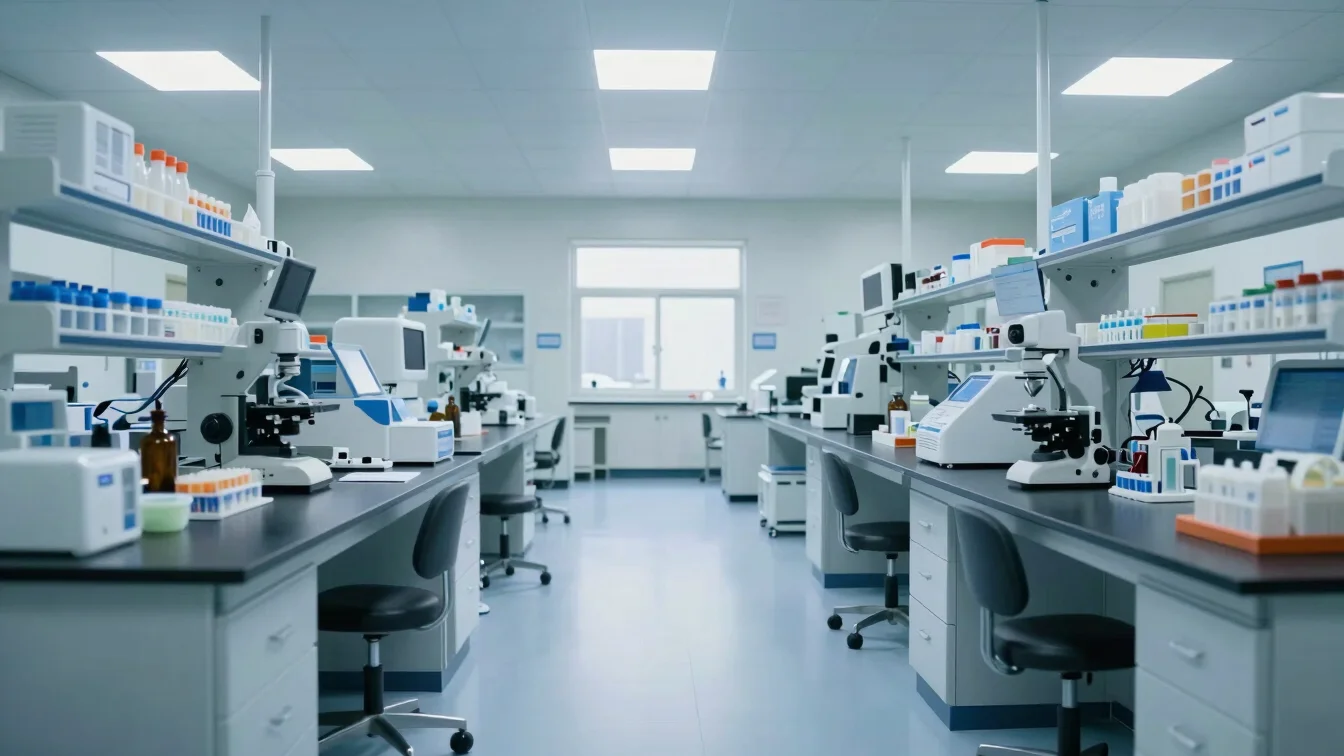Wide view of a bright, orderly laboratory corridor with workstations and sample storage, soft balanced light, cool blue