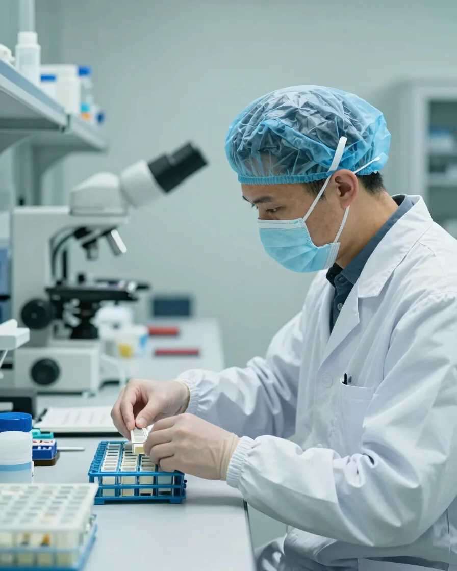Editorial portrait-format photograph of a technician in a clean lab coat carefully sorting sample racks at a bright work