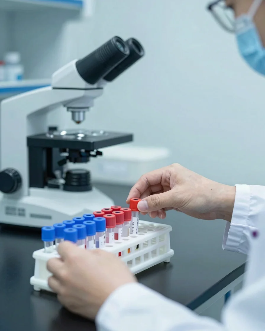 Editorial healthcare photograph of a clean diagnostic laboratory workstation, soft clean daylight, cool blue and muted t