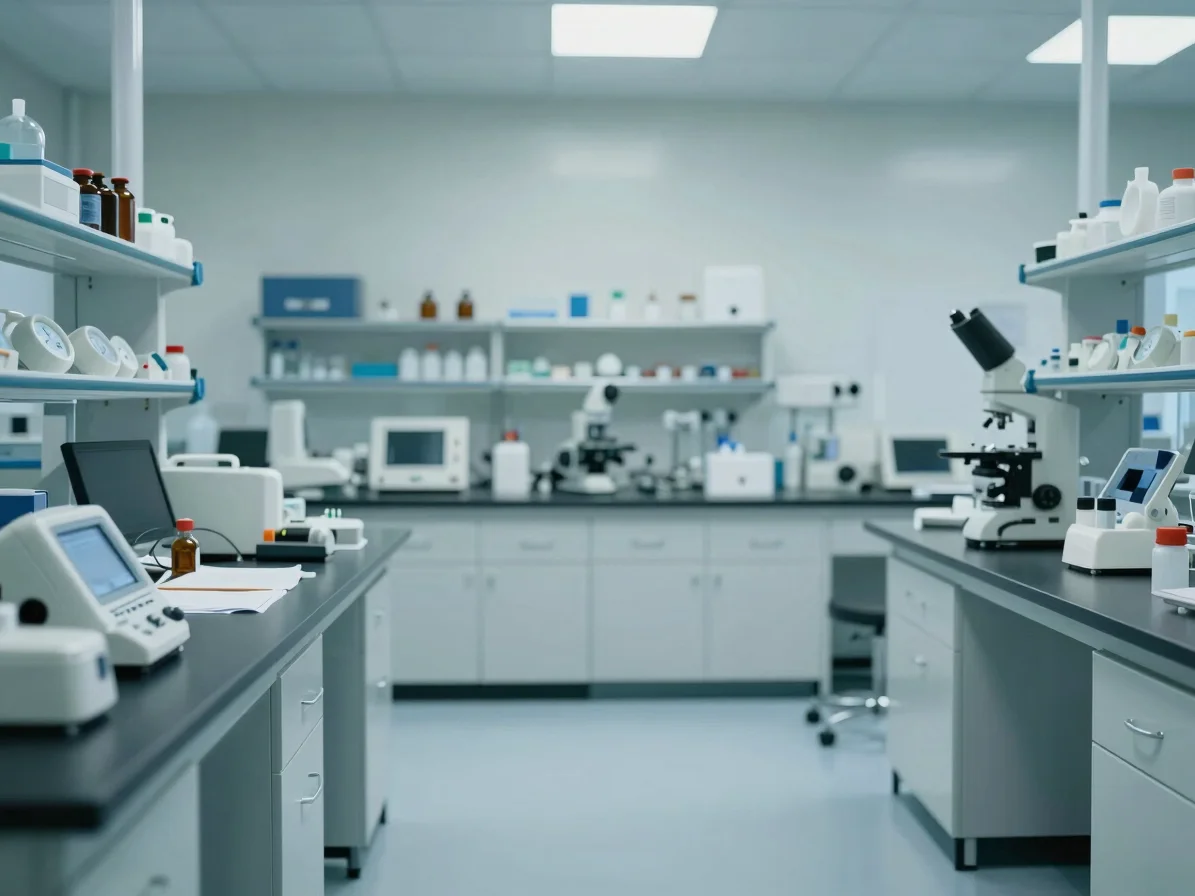Wide uncluttered view of a real-feeling laboratory bench with calibrated instruments in soft daylight, muted teal and co