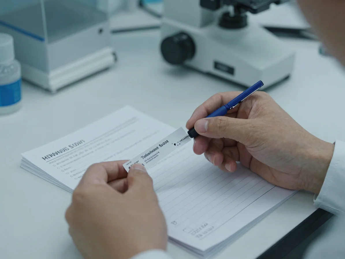 Precise close-up of hands checking a specimen label against a handling log at a clean laboratory bench, soft clinical da