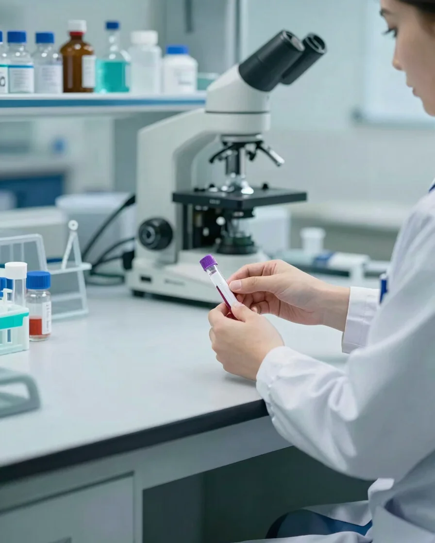 Editorial photograph of a calm, well-lit diagnostic laboratory bench with a clinician's hands handling a sealed sample t
